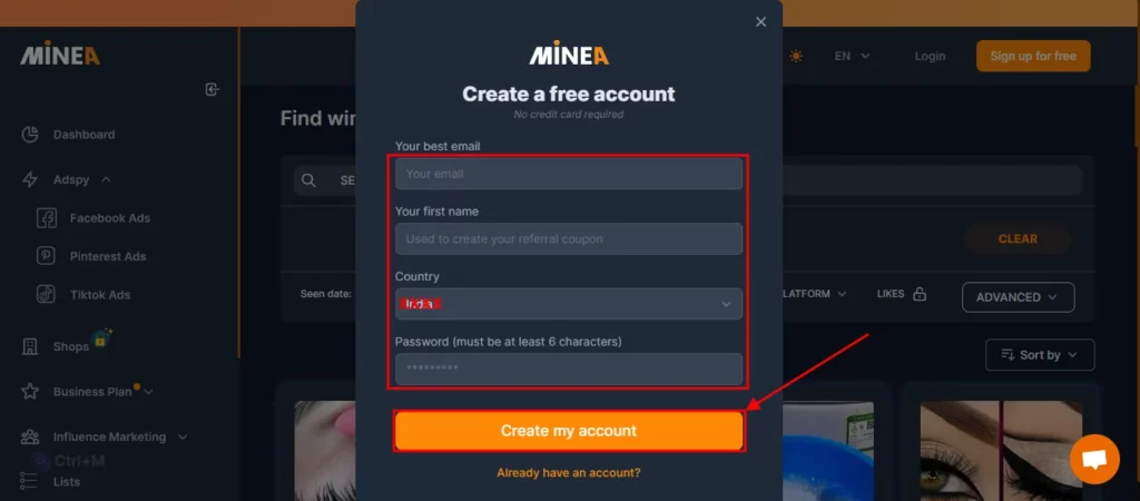 Sign-up for Minea Free Trial